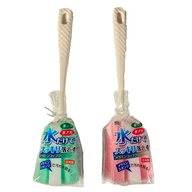 Okazaki long-handle melamine cup cleaning sponge in green and pink