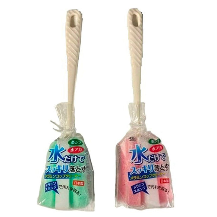Okazaki long-handle melamine cup cleaning sponge in green and pink