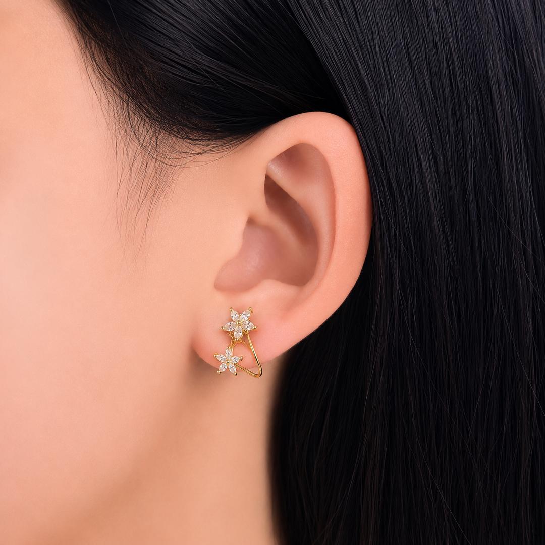 925 Sterling Silver Gold-Plated Floral Star Ear Climber Earrings Yui mart