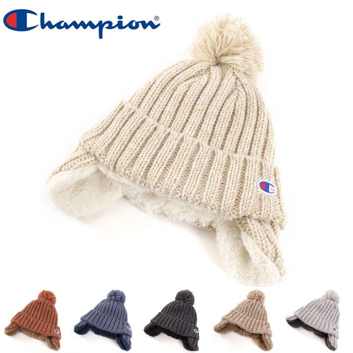 Champion ribbed pom-pom ear-flap knit beanie in assorted colors