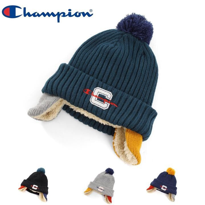 Champion Kids pom-pom ear-flap knit beanie in Green, Black, Gray, and Navy