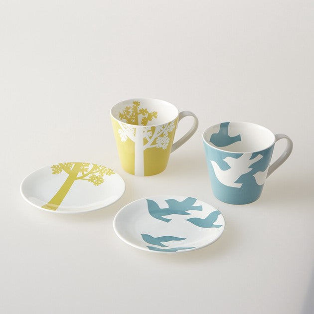 kaguyahime Tree and Bird Seto ware pair mug and plate gift set main image
