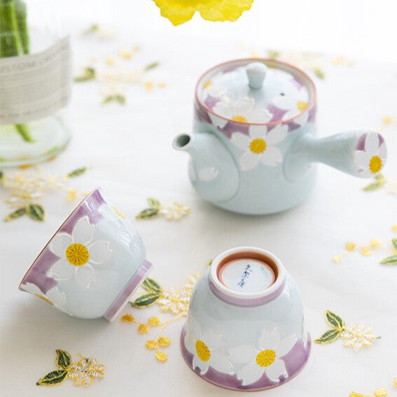 Arita Hasami Ware Hand-Painted Ichin Hana Tea Set, Teapot + 2 Cups Craft Nanpuu