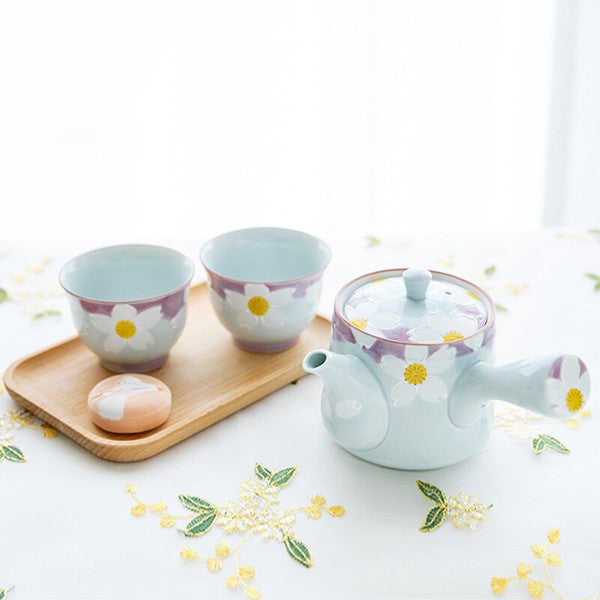 Arita Hasami Ware Hand-Painted Ichin Hana Tea Set, Teapot + 2 Cups Craft Nanpuu
