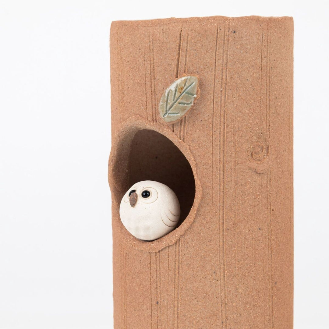 Meizan Pottery hoccori owl flower vase styled with flowers