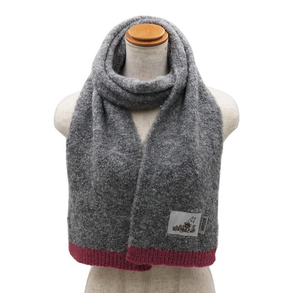 Gray MOOMIN patch scarf styled on a mannequin