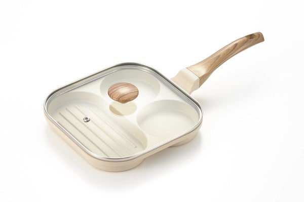 Yoshikawa triple divided frying pan with glass lid 22cm
