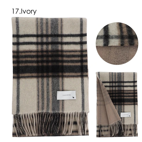 Checked pattern and solid color double-sided cashmere scarf, 100% cashmere. Yui mart