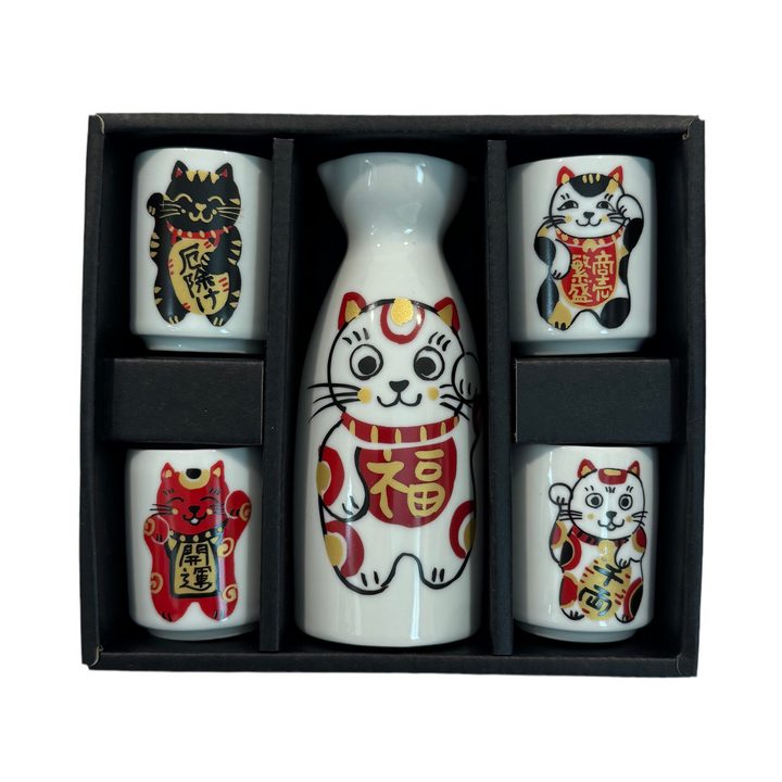 Japanese VICTORY Minoyaki Fukuroku sake set with lucky cat pattern
