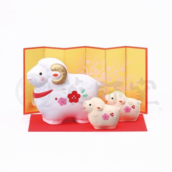 Yakushigama red plum parent and child sheep ceramic zodiac figurine set Y73