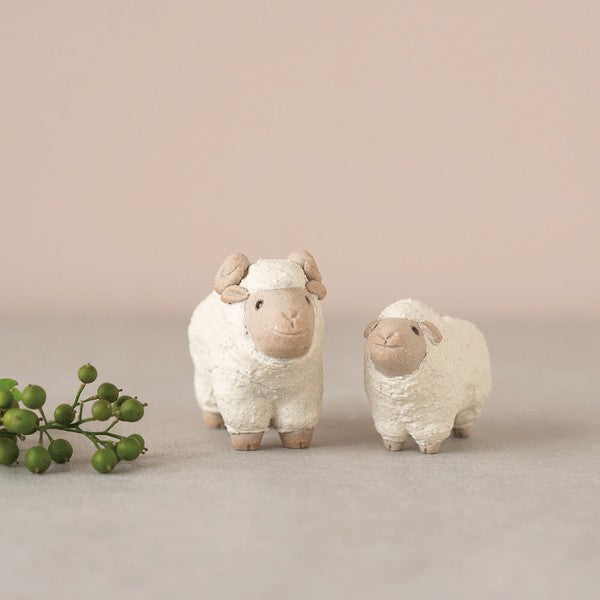 Handmade Meizan Pottery lamb pair with wood base and red felt