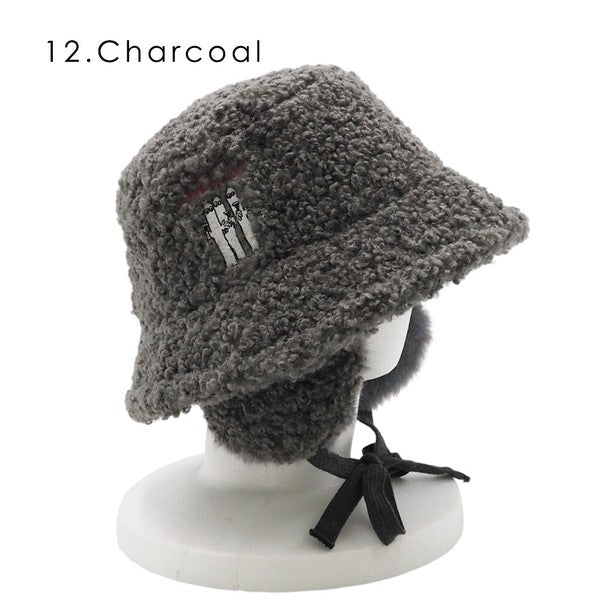 MOOMIN boa fur bucket hat charcoal color front view