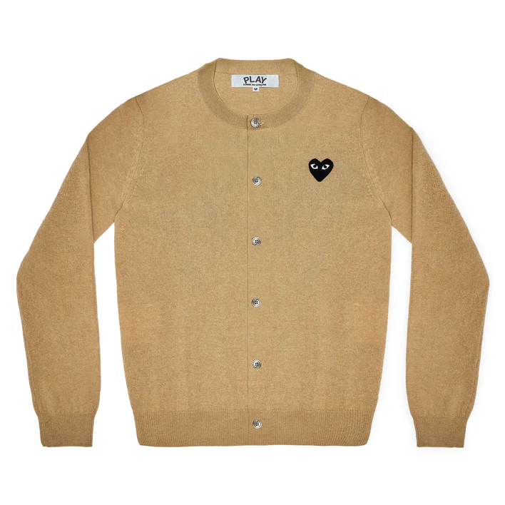 COMME des GARCONS PLAY khaki wool cardigan black heart logo front view