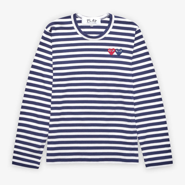 COMME des GARCONS PLAY Striped Double Heart Long Sleeve T-Shirt - Navy/White Size S COMME des GARCONS PLAY