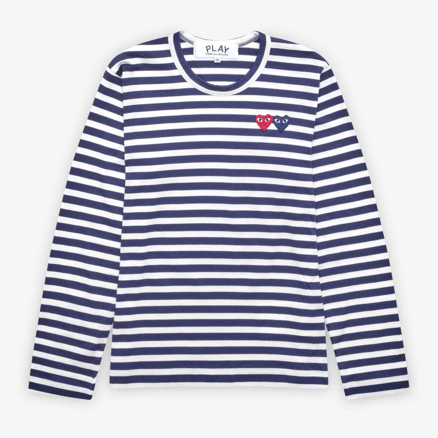 COMME des GARCONS PLAY Striped Double Heart Long Sleeve T-Shirt - Navy/White Size S COMME des GARCONS PLAY