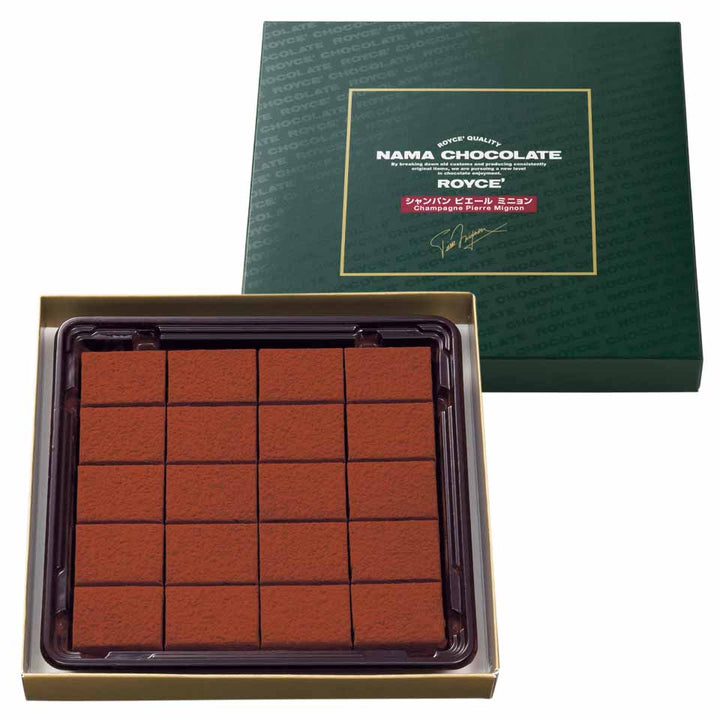 ROYCE Nama Chocolate Champagne Pierre Mignon package and chocolate tray
