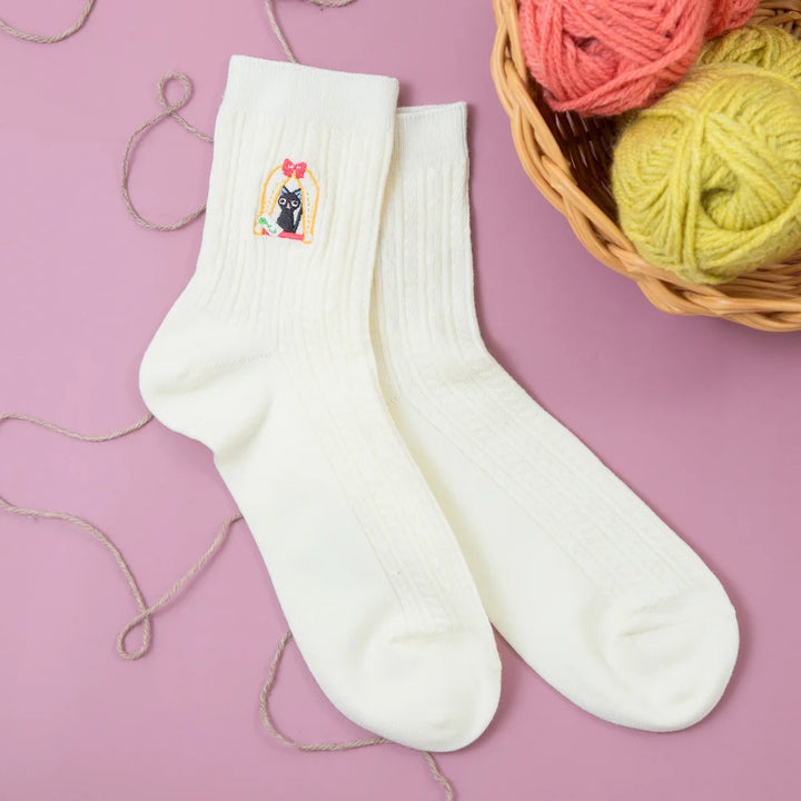 Kiki’s Delivery Service Jiji Cable-Knit Crew Socks – 23–25cm Studio Ghibli