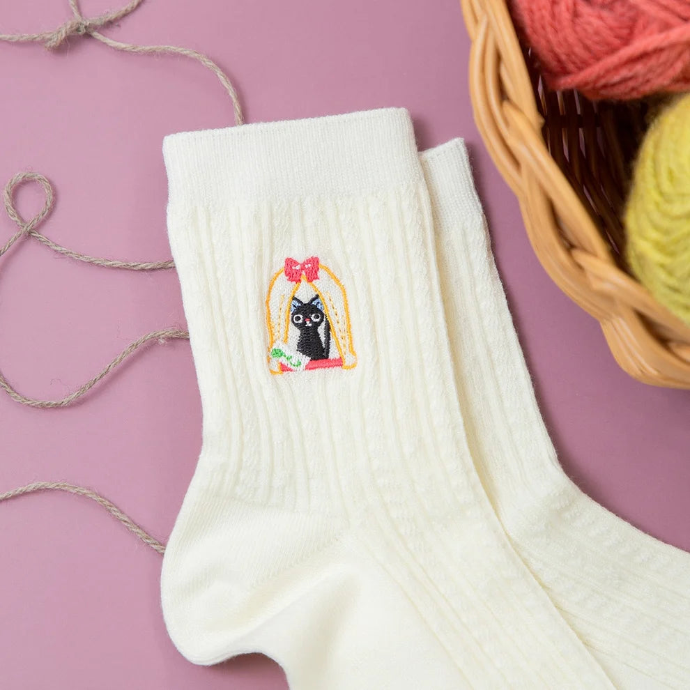 Kiki’s Delivery Service Jiji Cable-Knit Crew Socks – 23–25cm Studio Ghibli