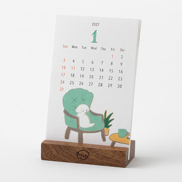 MIDORI 2027 Dog desk calendar with wooden stand main view