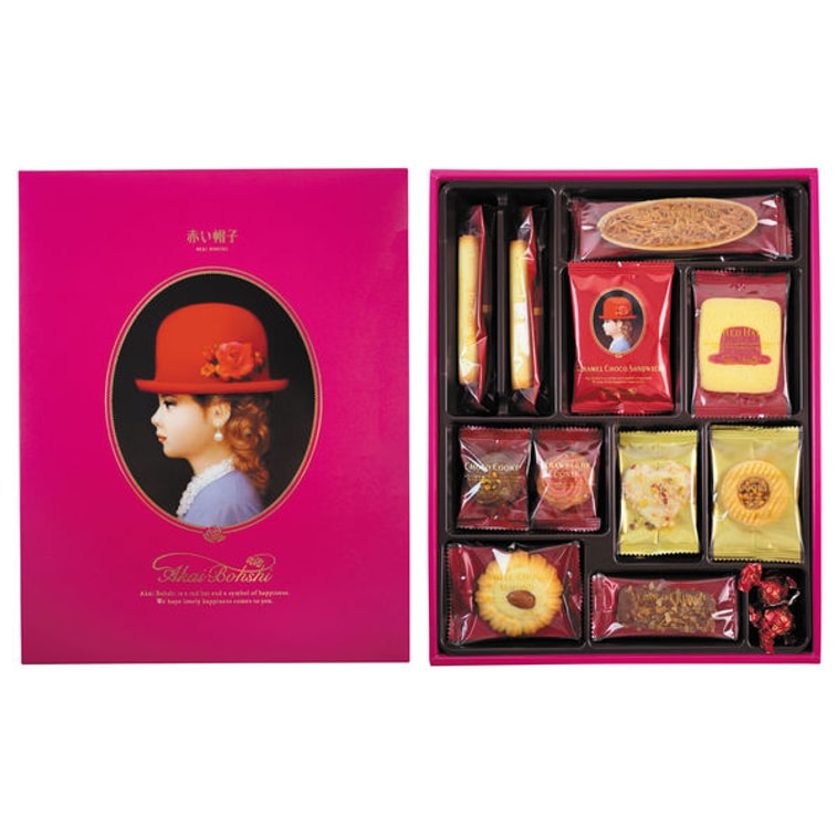 AKAIBOHSHI Red Hat 12-Piece Chocolate Assorted Cookie Gift Box, Pink Box, 31 Pieces