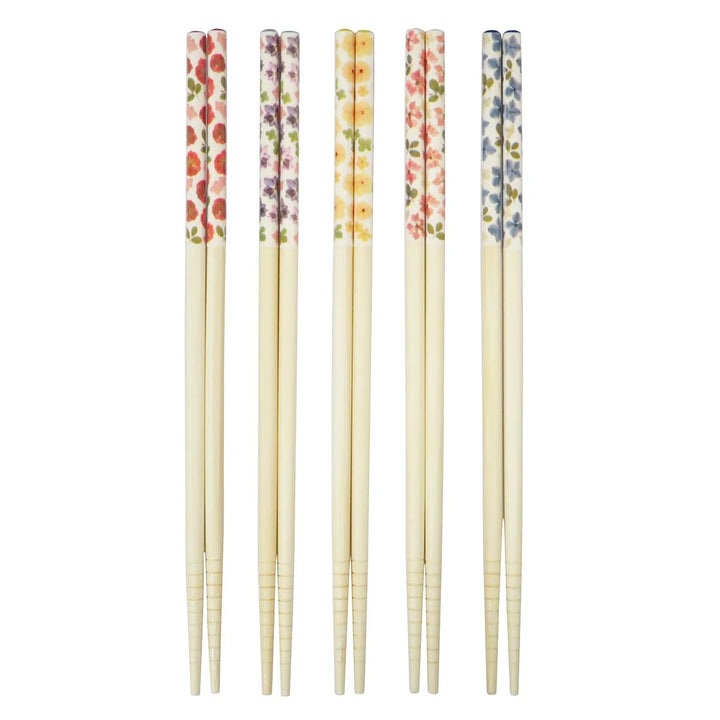 Five pairs of 22.5 cm bamboo chopsticks with different flower designs