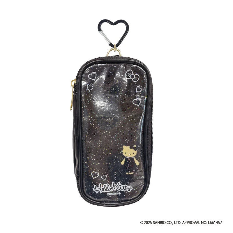 Sanrio Hello Kitty black clear glitter makeup pouch with heart clip