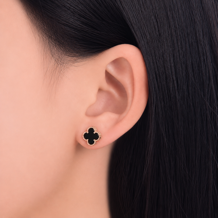 925 Sterling Silver Rose Gold Black Clover Stud Earrings Yui mart