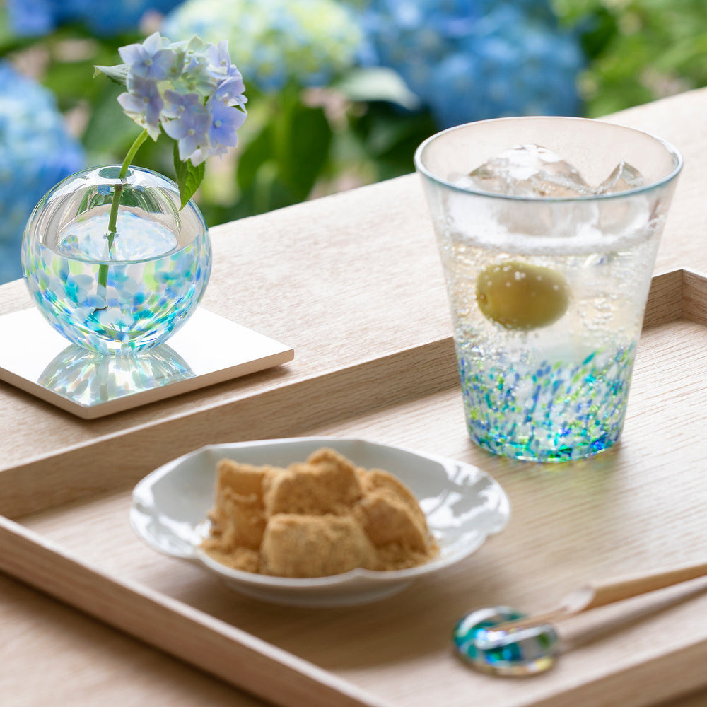 Tsugaru Vidro Hydrangea glass bud vase with Japanese sweets table setting