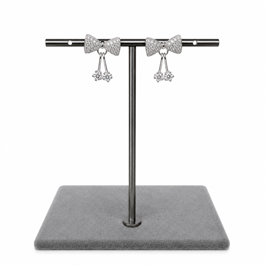 925 Sterling Silver Crystal Bow Drop Stud Earrings Yui mart