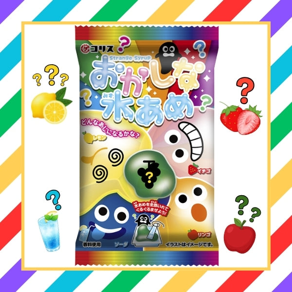 Coris Okashina Mizuame syrup candy pack with lemon strawberry soda and apple flavors