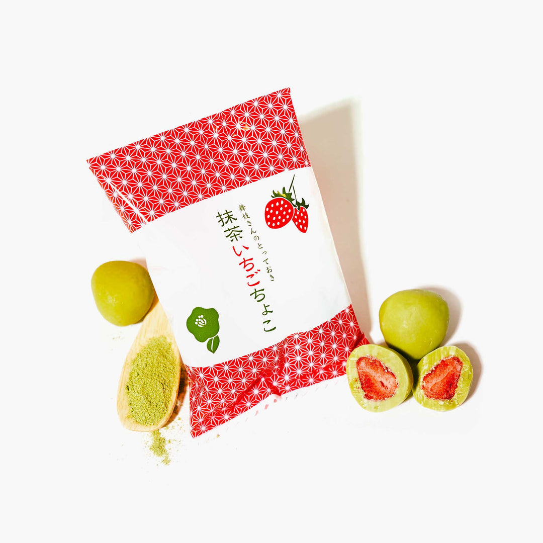 Matcha chocolate-covered strawberries served with Japanese tea
