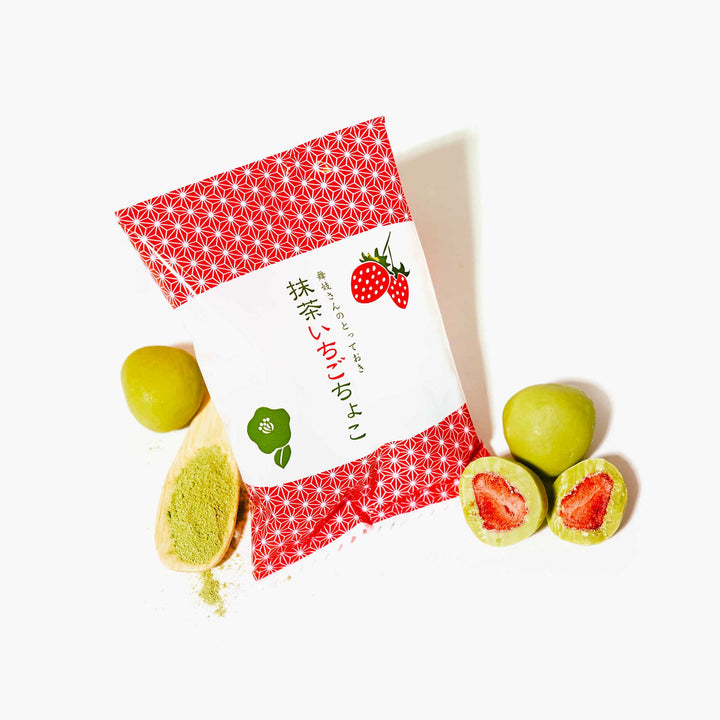 Matcha chocolate-covered strawberries served with Japanese tea