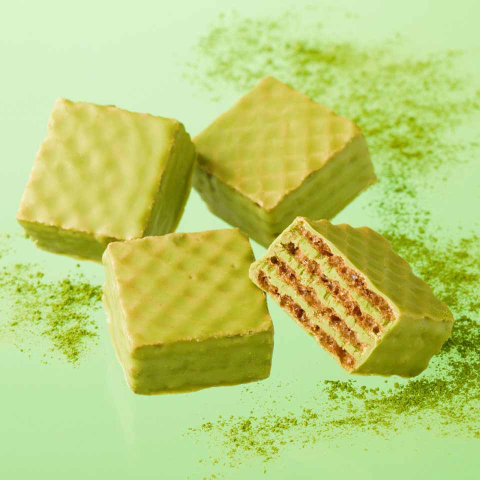 ROYCE Matcha chocolate wafer pieces close-up