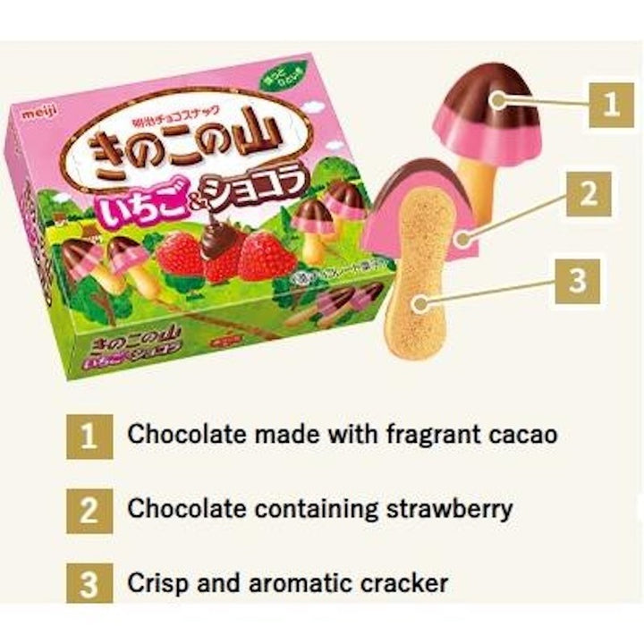 Meiji Kinoko no Yama Strawberry and Chocolate two layer mushroom biscuit structure