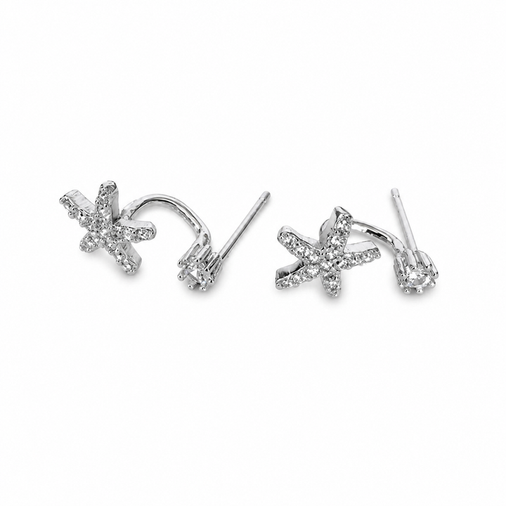 925 Sterling Silver Sparkling Star Jacket Earrings Yui mart