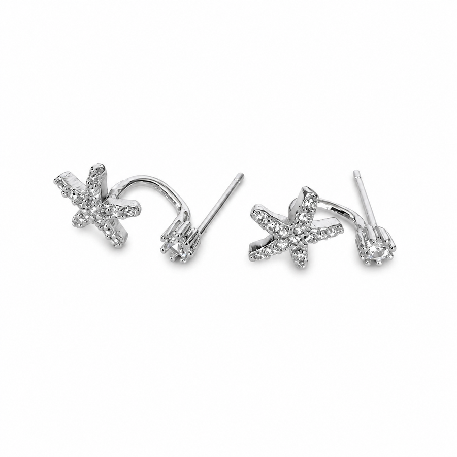 925 Sterling Silver Sparkling Star Jacket Earrings Yui mart