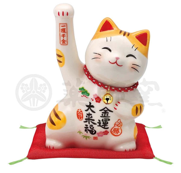 Yakushigama Saie Victory & Wealth Maneki Neko lucky cat with bell #7825 colorful ceramic figurine
