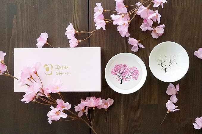 Japanese Sakura Cherry Blossom Color Changing Sake Cups (Pair), Magical Blooming Sake Cups