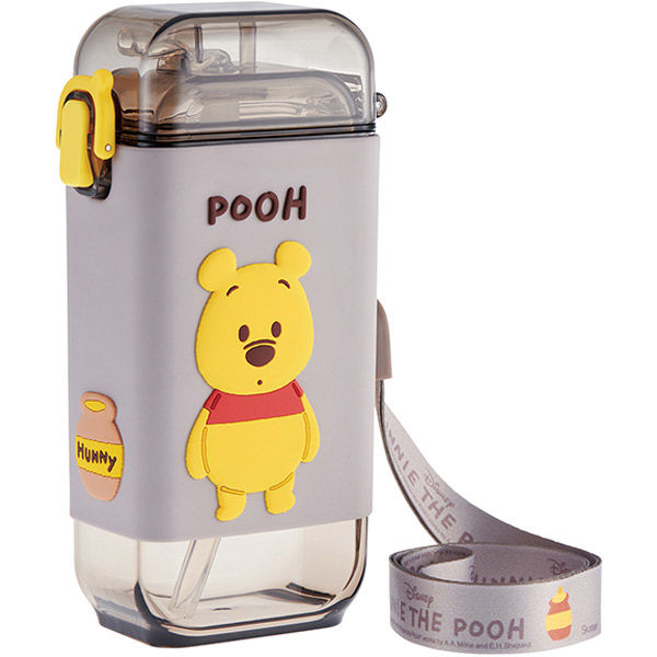 Skater Winnie the Pooh square straw bottle 450ml front view with shoulder strap