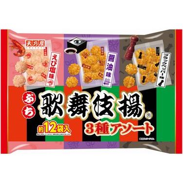 Amanoya Petit Kabukiage 3-Flavor Assorted Rice Crackers 12 mini packs Japanese snack bag