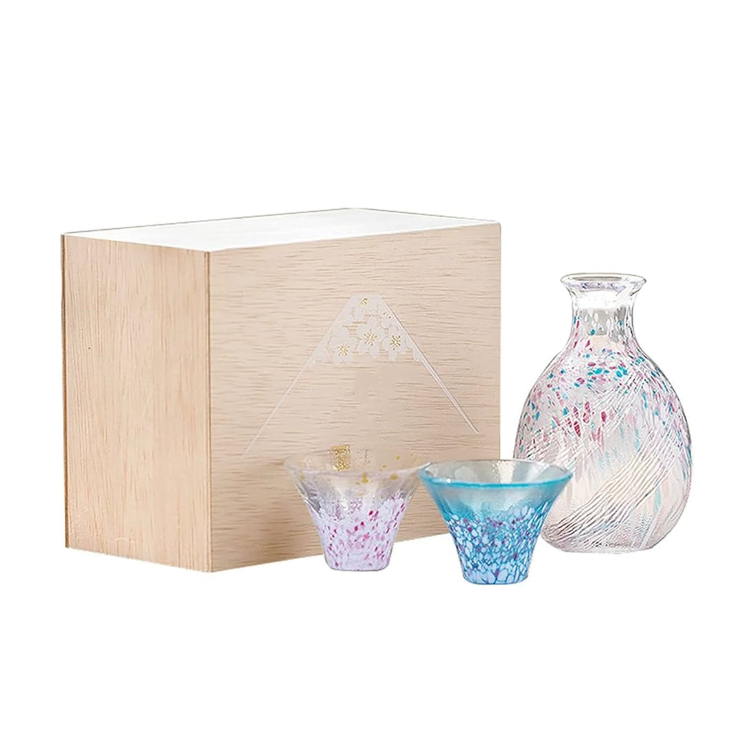 Toyo Sasaki Glass Sake Set Japan - 3-Piece Good Luck Cup Sakurafuji Set W/ Pink & Blue Sake Bottle