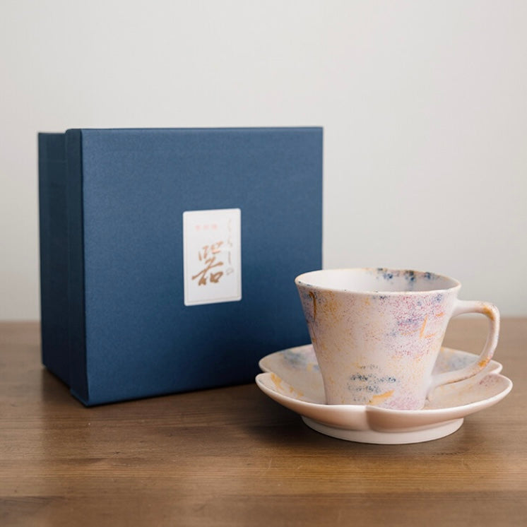 Arita Hasami Ware Nishiki Blue Pink Coffee Cup & Saucer Set Tasho Toen