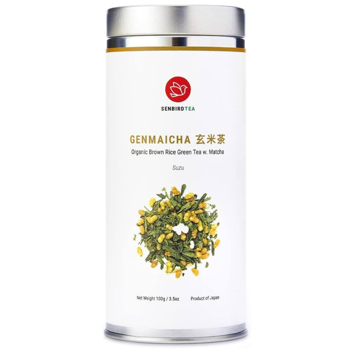 Senbird Organic Genmaicha, Japanese Matcha Brown Rice Green Tea, Kyoto, Japan, Loose Leaf, Sealed Tea Tin (3.5 oz / 100 g)