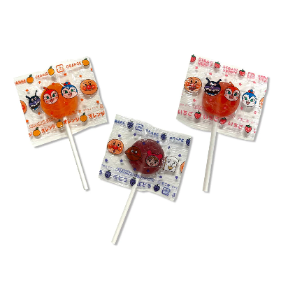 Fujiya Anpanman face-shaped fruit lollipop candy strawberry orange grape flavors