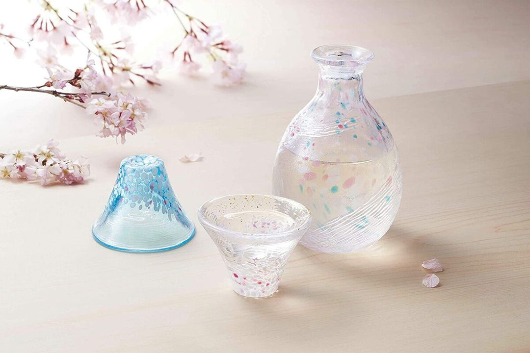 Toyo Sasaki Glass Sake Set Japan - 3-Piece Good Luck Cup Sakurafuji Set W/ Pink & Blue Sake Bottle