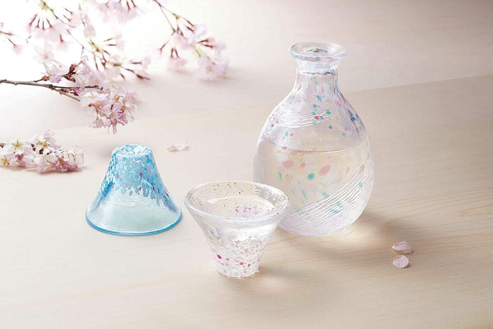 Toyo Sasaki Glass Sake Set Japan - 3-Piece Good Luck Cup Sakurafuji Set W/ Pink & Blue Sake Bottle