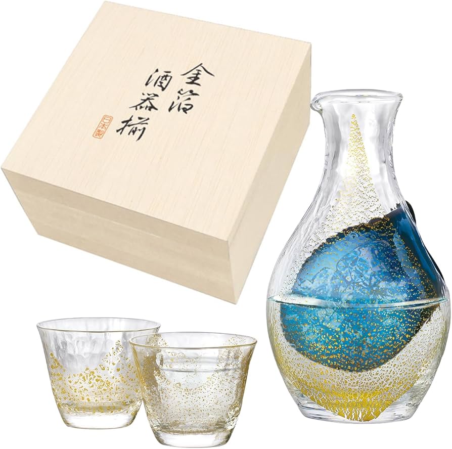 Toyo Sasaki Glass G640-M60 Cold Sake Glass Set, Gold Foil, Made In Japan, Carafe, 10.1 Fl Oz (300 Ml), Glass 2.8 Fl Oz (80 Ml), 3 Pieces