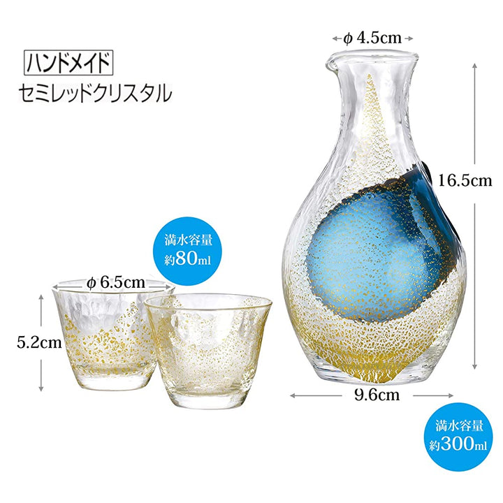 Toyo Sasaki Glass G640-M60 Cold Sake Glass Set, Gold Foil, Made In Japan, Carafe, 10.1 Fl Oz (300 Ml), Glass 2.8 Fl Oz (80 Ml), 3 Pieces