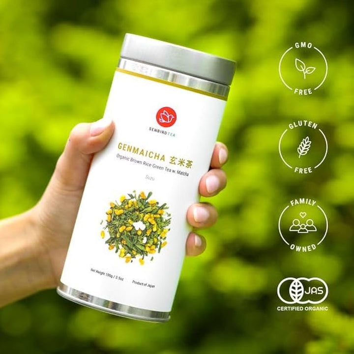 Senbird Organic Genmaicha, Japanese Matcha Brown Rice Green Tea, Kyoto, Japan, Loose Leaf, Sealed Tea Tin (3.5 oz / 100 g)