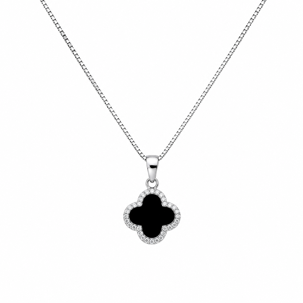 925 Sterling Silver Black Clover Pendant Necklace Yui mart